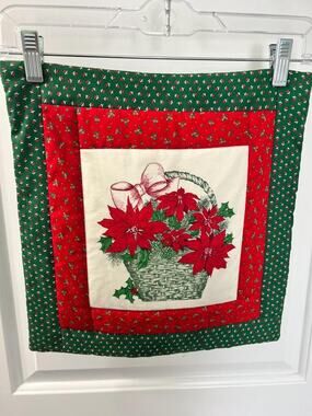 Vintage Poinsettia Quilted Wall Hanging, Cottage Christmas Fabric Banner